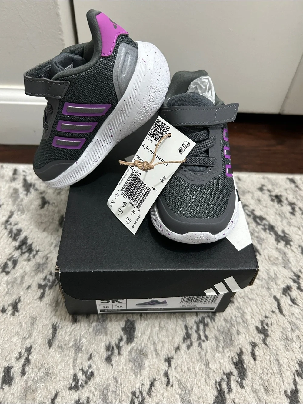 NWT. adidas Kids Gray & Purple Hook-and-Loop Sneakers